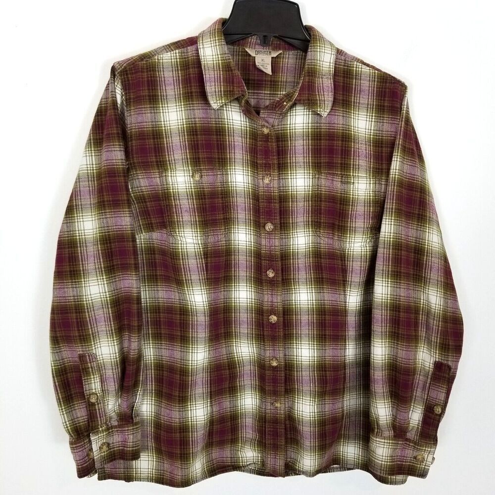 Duluth Trading Women Free Swing in Flannel Button Down Shirt Sz XL Brown Plaid